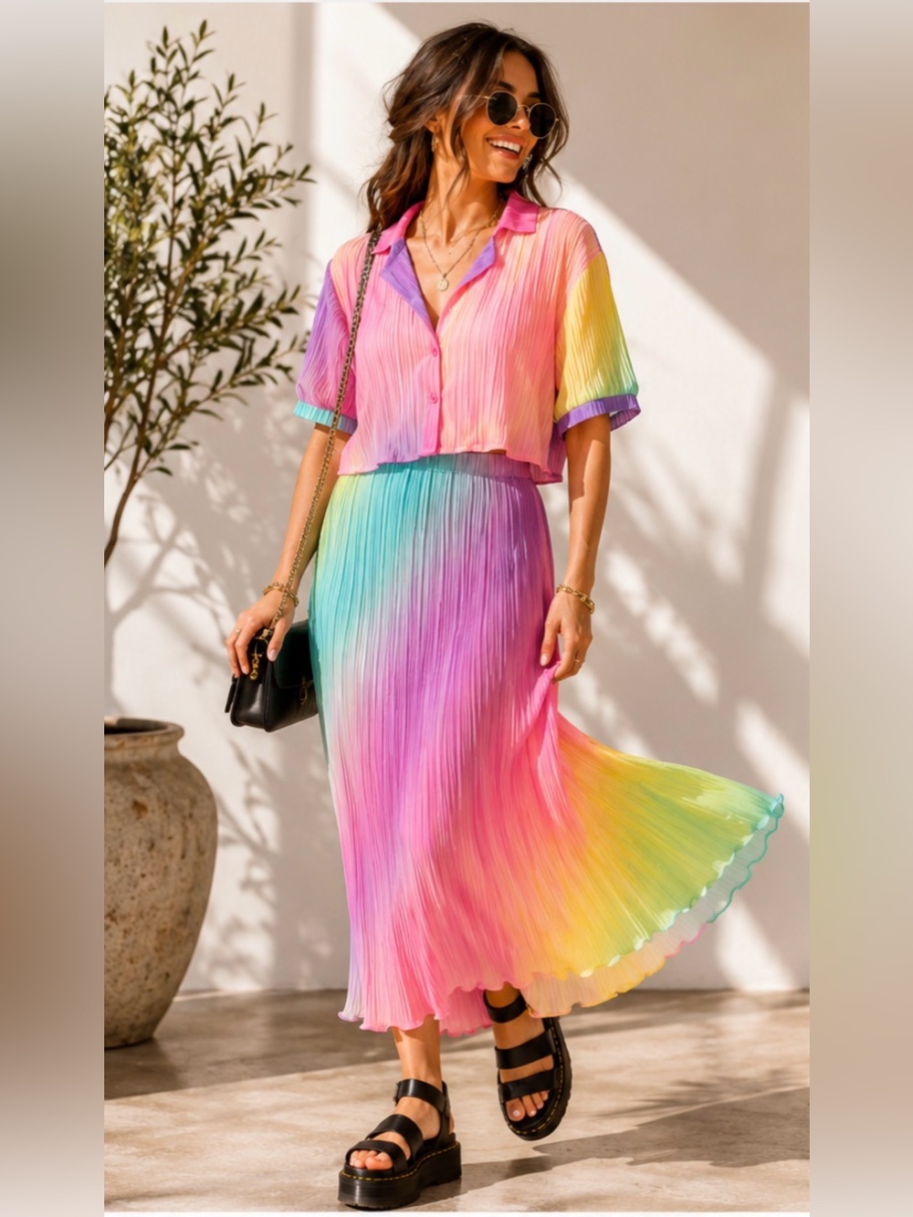 🌈☻✨Dressed in LALA “C'est La Vie" Plissé Set in Rainbow Daydream Ombré Colorway